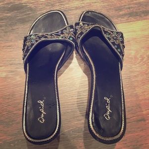 Fancy Stap Heel with beads and black color fabric